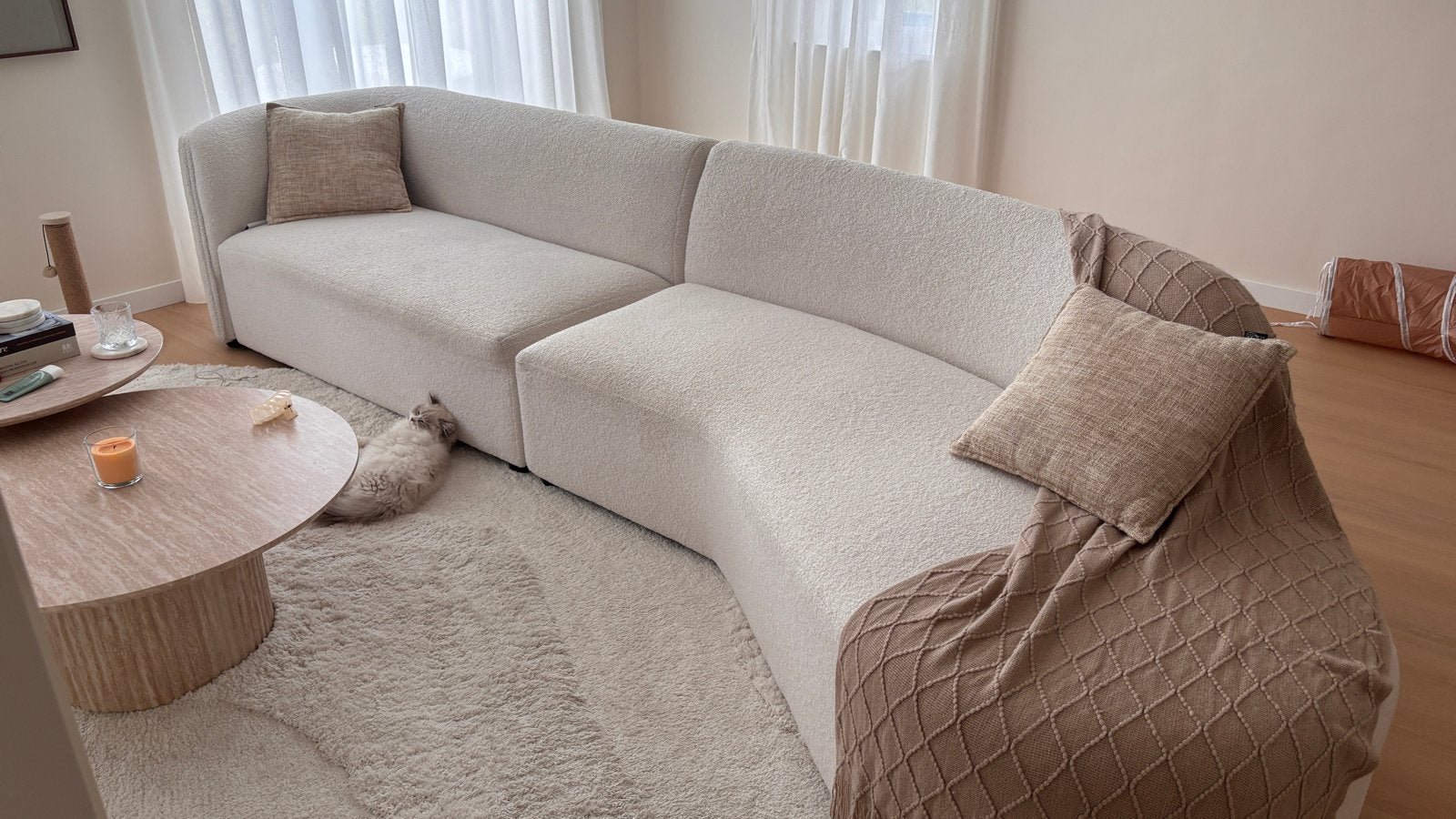 Moderne Hoekbank - Teddy Stof Bouclé Wit, Ophalen, 100 tot 125 cm, Hoekbank, 300 cm of meer