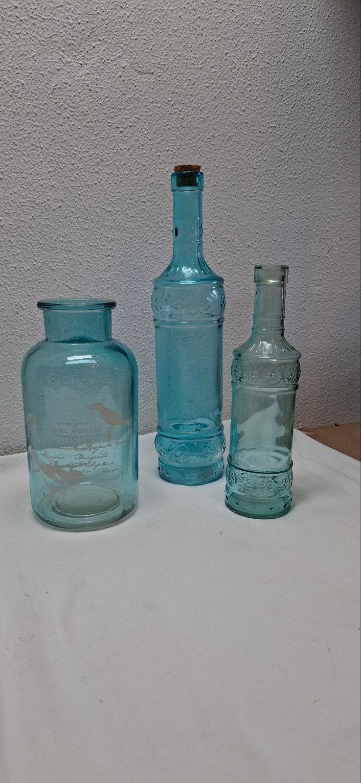 drie decoratieve glazen flessen en pot, uitgevoer, Huis en Inrichting, Ophalen, Blauw, Geschikt voor droogbloemen, Glas
