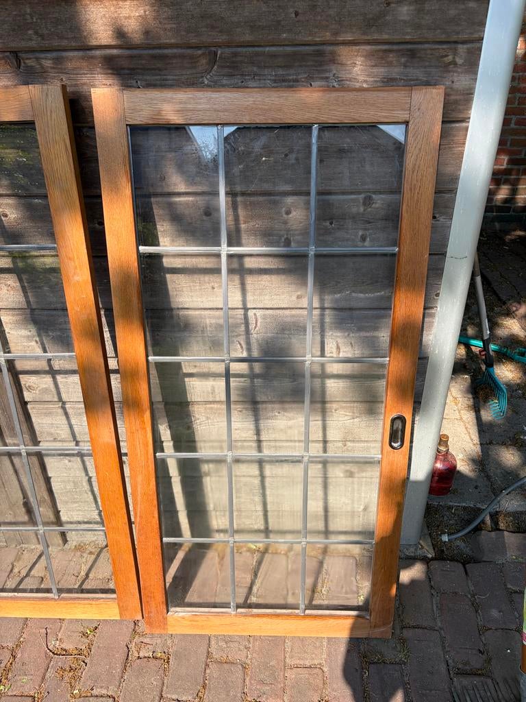Set van 2 antiek houten schuifdeuren met glas in lood, Doe-het-zelf en Verbouw, Deuren en Horren, Ophalen, Gebruikt, 80 tot 100 cm