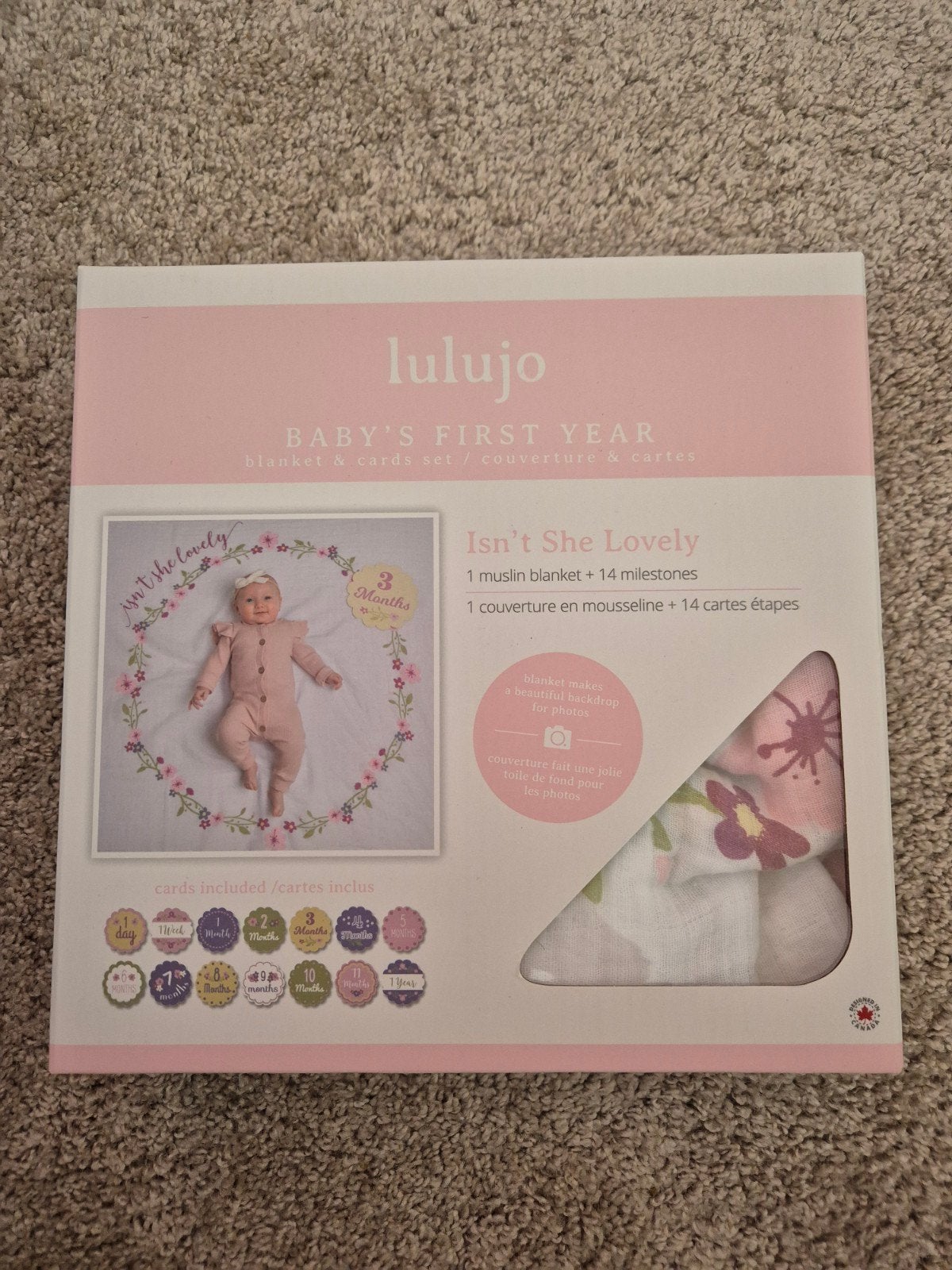 Lulujo Baby's First Year deken + mijlpaalkaarten, Kinderen en Baby's, Ophalen of Verzenden, Zo goed als nieuw, Kraamcadeau