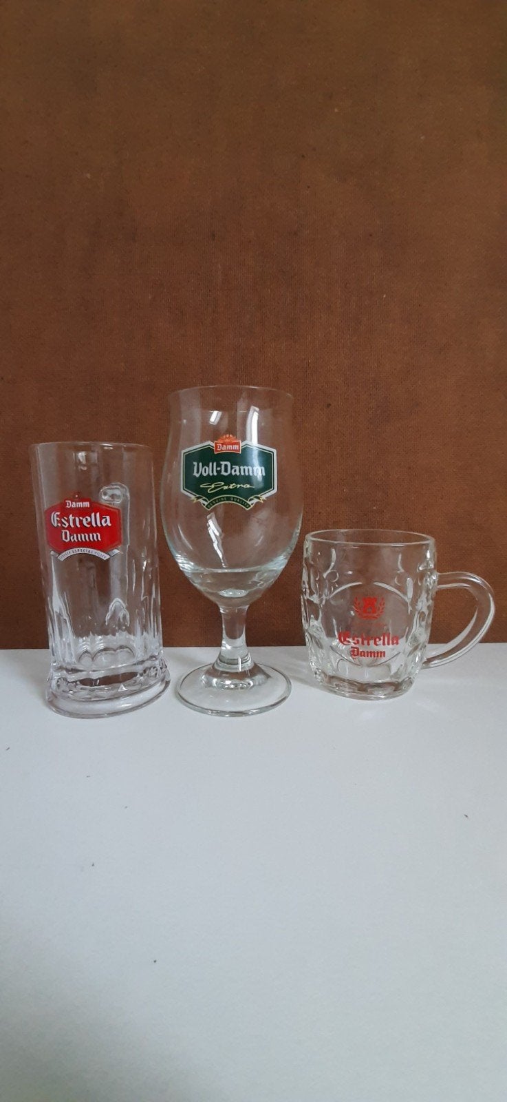 Estrella Damm en Voll-Damm bierglazen - Set van 3, Ophalen of Verzenden, Zo goed als nieuw, Glas of Glazen, Overige merken
