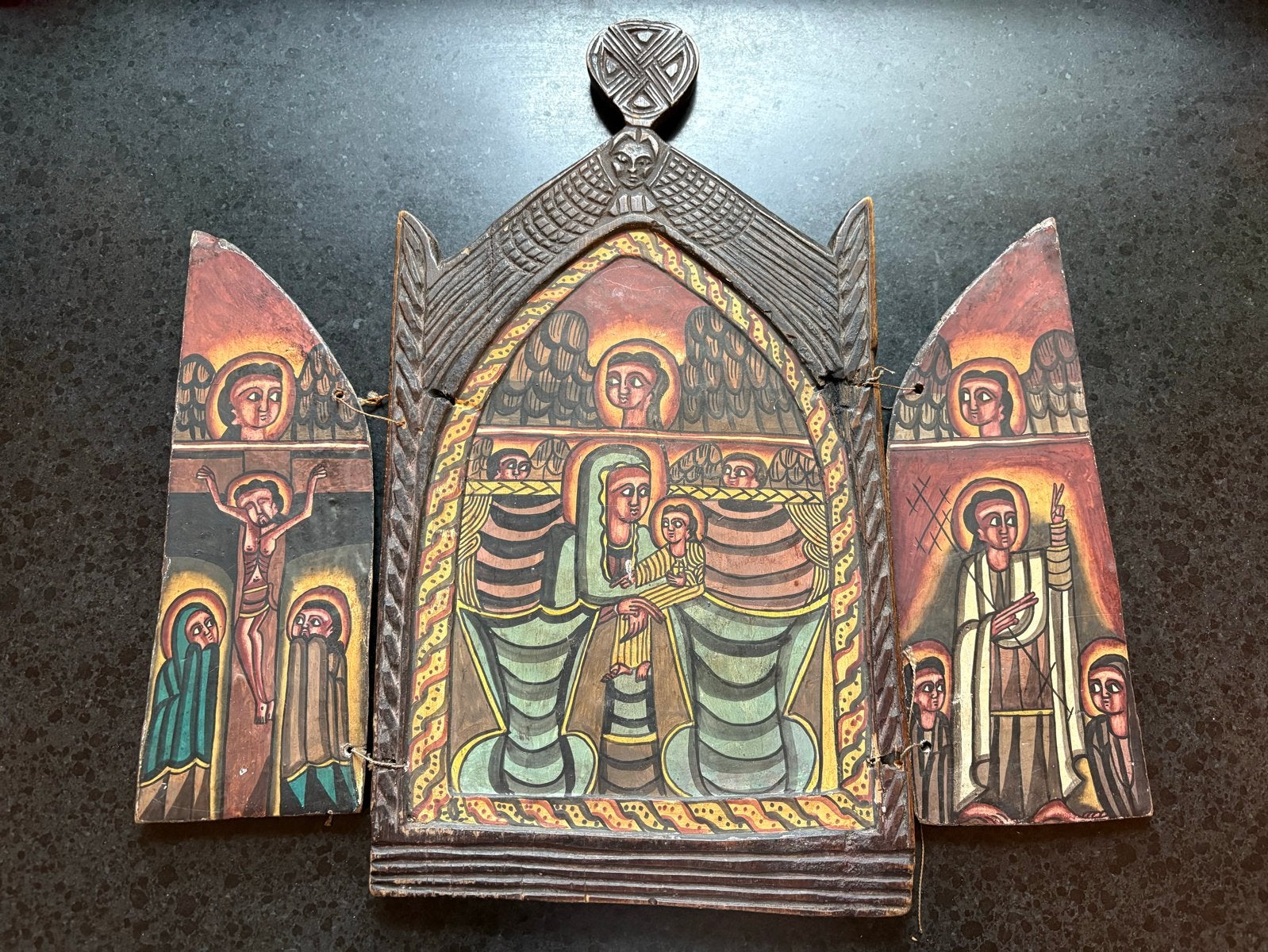 Antiek Ethiopisch houten icoon drieluik, Antiek en Kunst, Antiek | Religie, Ophalen