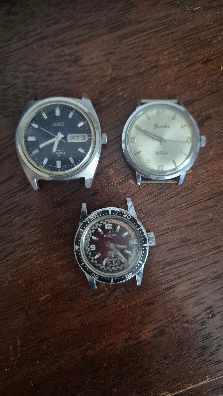 Vintage horloges - werking onbekend (Sandoz, Jemis, Andre), Sieraden, Tassen en Uiterlijk, Horloges | Antiek, Overige merken, Staal