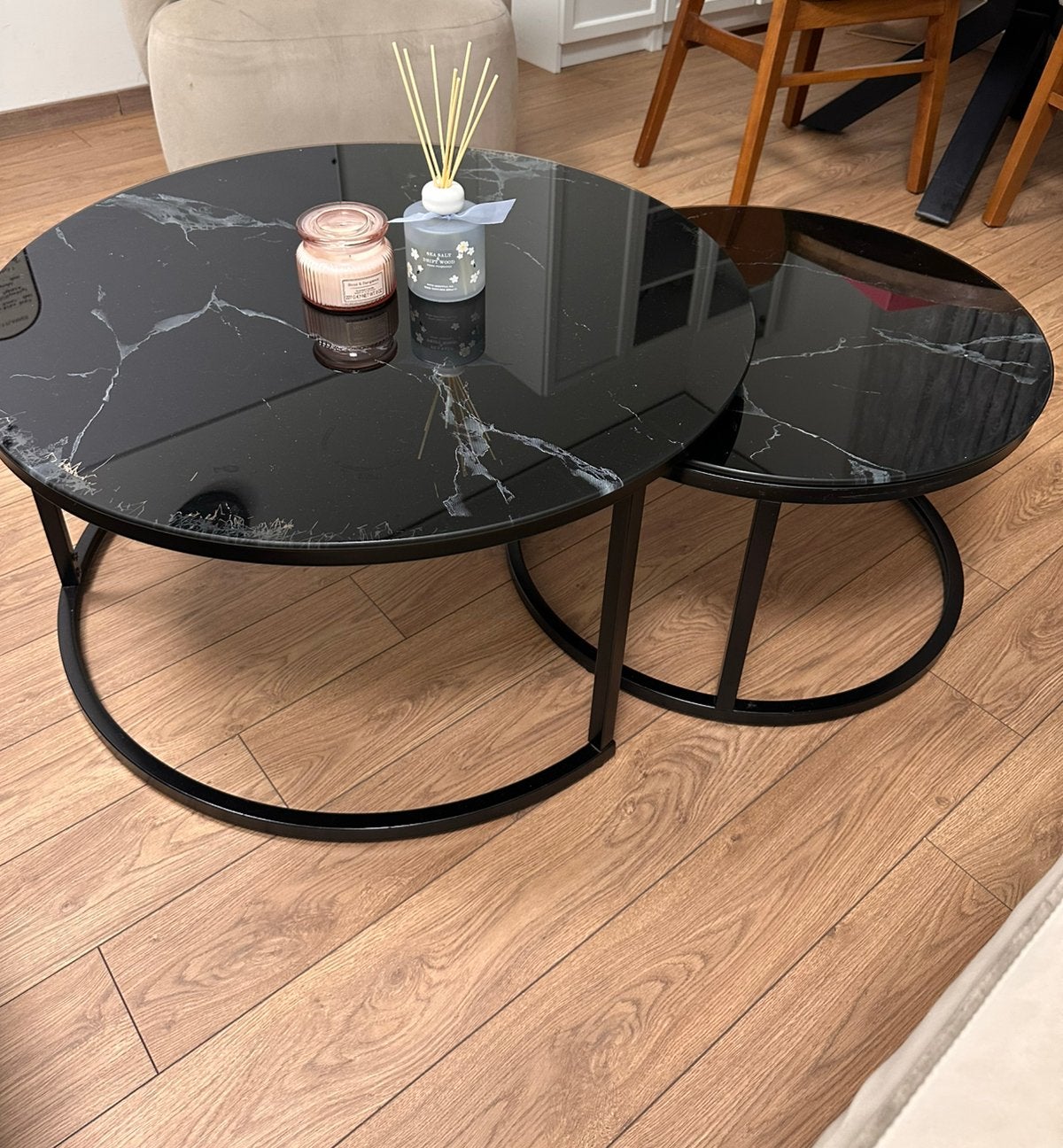 Sallontafel zwart marmer, Ophalen, Zo goed als nieuw, Rond, 50 tot 100 cm