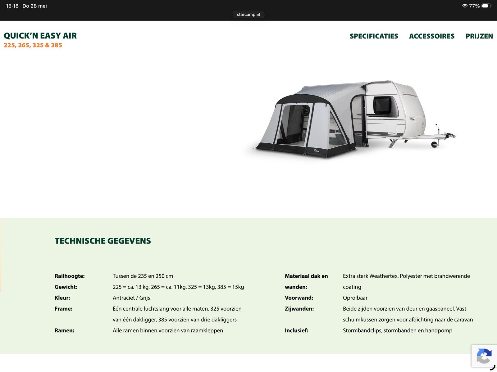 Starcam- quick ‘n easy 225 opblaasbare voortent, Ophalen of Verzenden, Nieuw, Tot en met 2