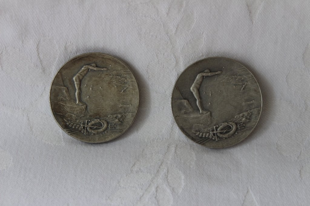 Antieke Franse medailles zwemmen Bains de Lille 1902 en 1904, Ophalen of Verzenden