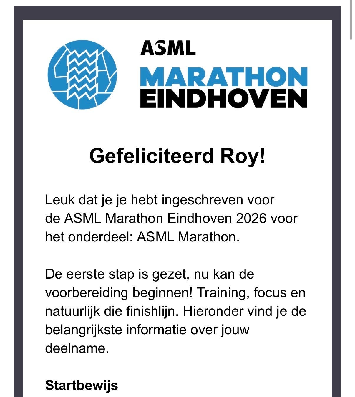 2 startbewijzen ASML Marathon Eindhoven 2026 - Hele Marathon, Overige typen, Nieuw, Hardlopen, Ophalen