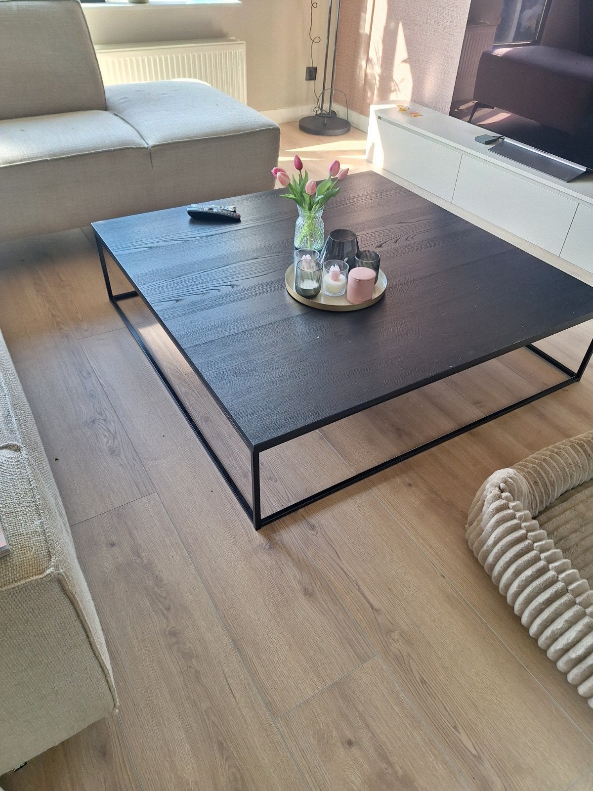 Eleonora salontafel 120x120cm zwart met stalen onderstel, Gebruikt, Vierkant, Ophalen, Overige houtsoorten