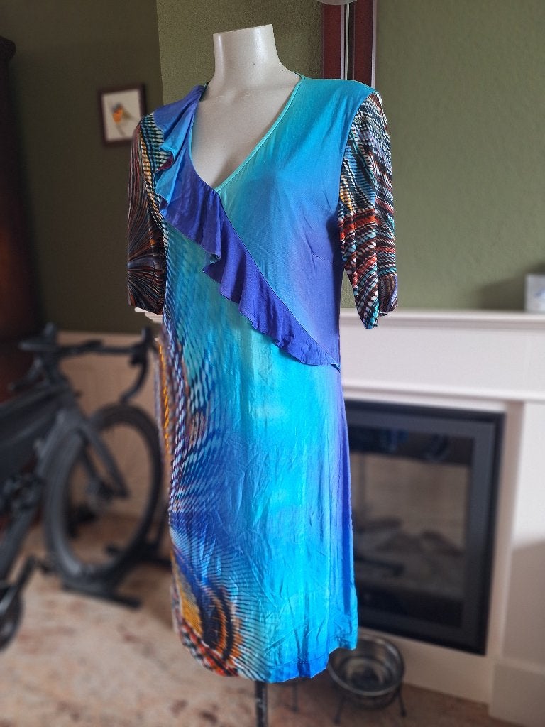 Amania Mo aqua kleurig jurkje 42, Maat 42/44 (L), Knielengte, Amania Mo, Gedragen