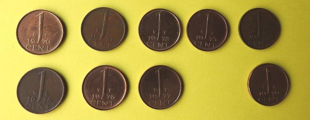 9 centen jaren 1970, Postzegels en Munten, Munten | Nederland, Verzenden, Koningin Juliana, 1 cent, Setje