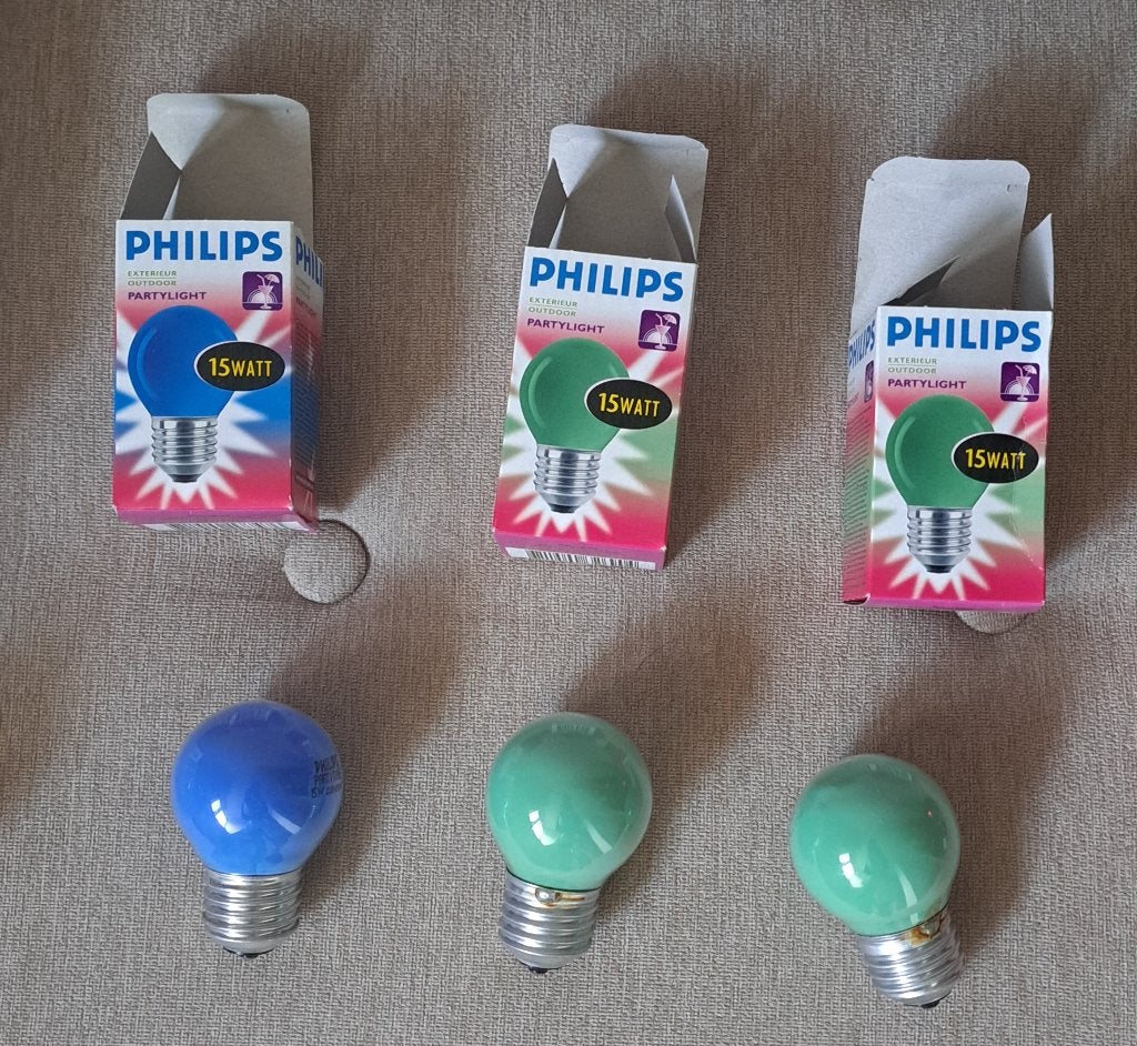 3 gekleurde lampen (2 groen/1 blauw) Philips partylight 15W, Philips, Gloeilamp, Zo goed als nieuw, 10 tot 30 watt