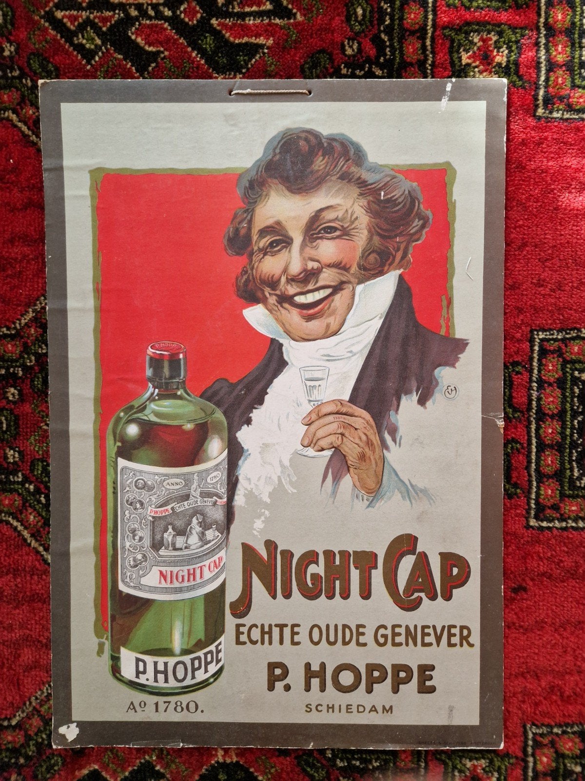 P. Hoppe Night Cap jenever bord 1924, Ophalen of Verzenden, Gebruikt, Reclamebord