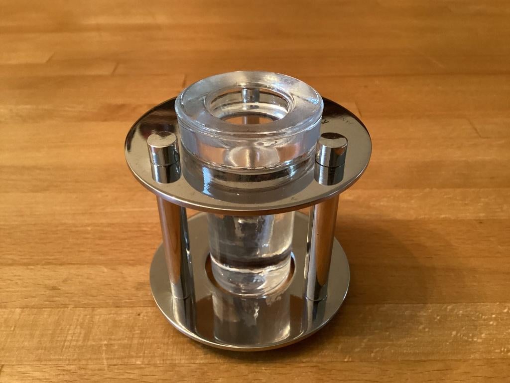 Jan Des Bouvrie, kandelaar, roestvrij staal en glas., Ophalen of Verzenden, Zo goed als nieuw, Metaal, Minder dan 25 cm