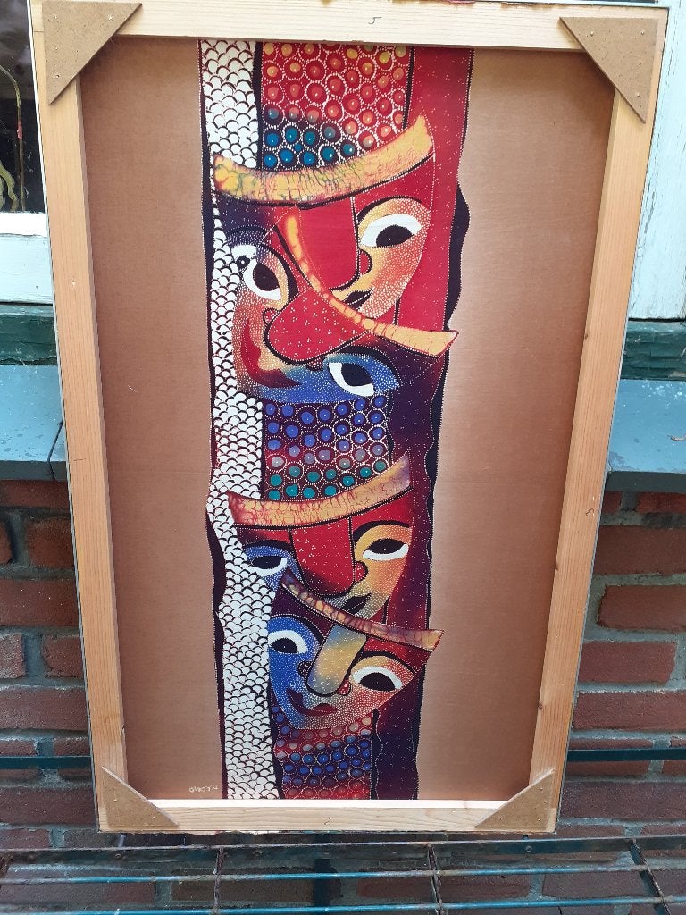 Authentiek Indonesisch Batik Schilderij "Maskers" (60x90 cm), Overige stijlen, Overige ondergronden, Ophalen of Verzenden, Origineel werk