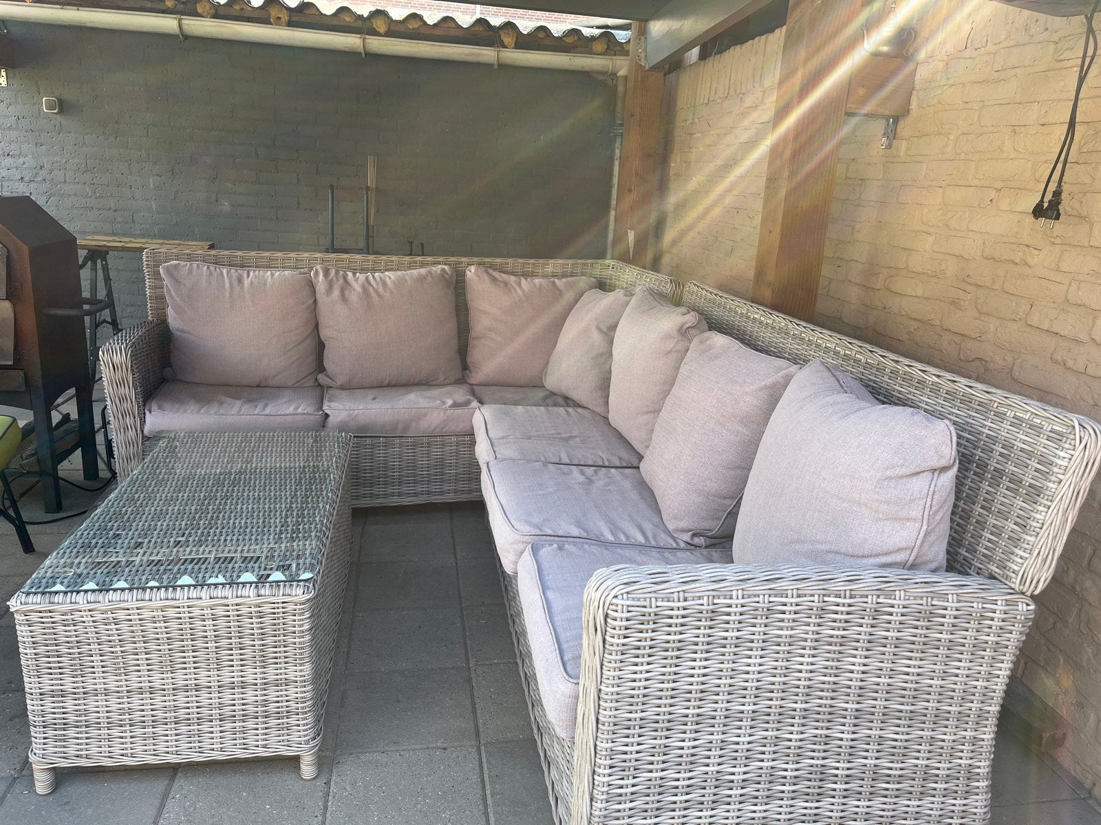 Wicker Loungeset met Glazen Salontafel, Ophalen, 5 zitplaatsen, Gebruikt, Loungeset