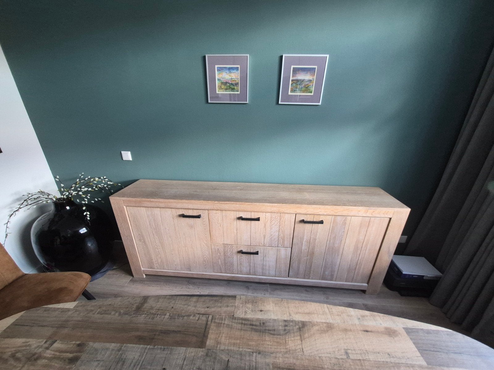 Blank eiken dressoir 2.15m breed, 2 lades en 2 kastjes, Huis en Inrichting, Ophalen, Met lade(s), Eikenhout, 200 cm of meer