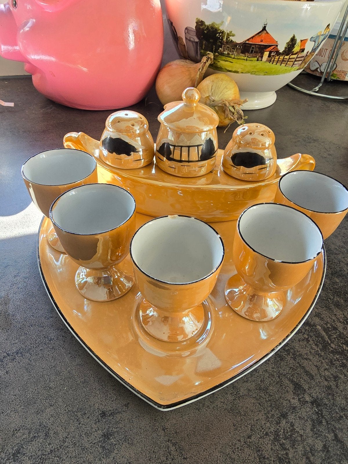Vintage eierdopjes set met zout- en pepervaatjes, Ophalen