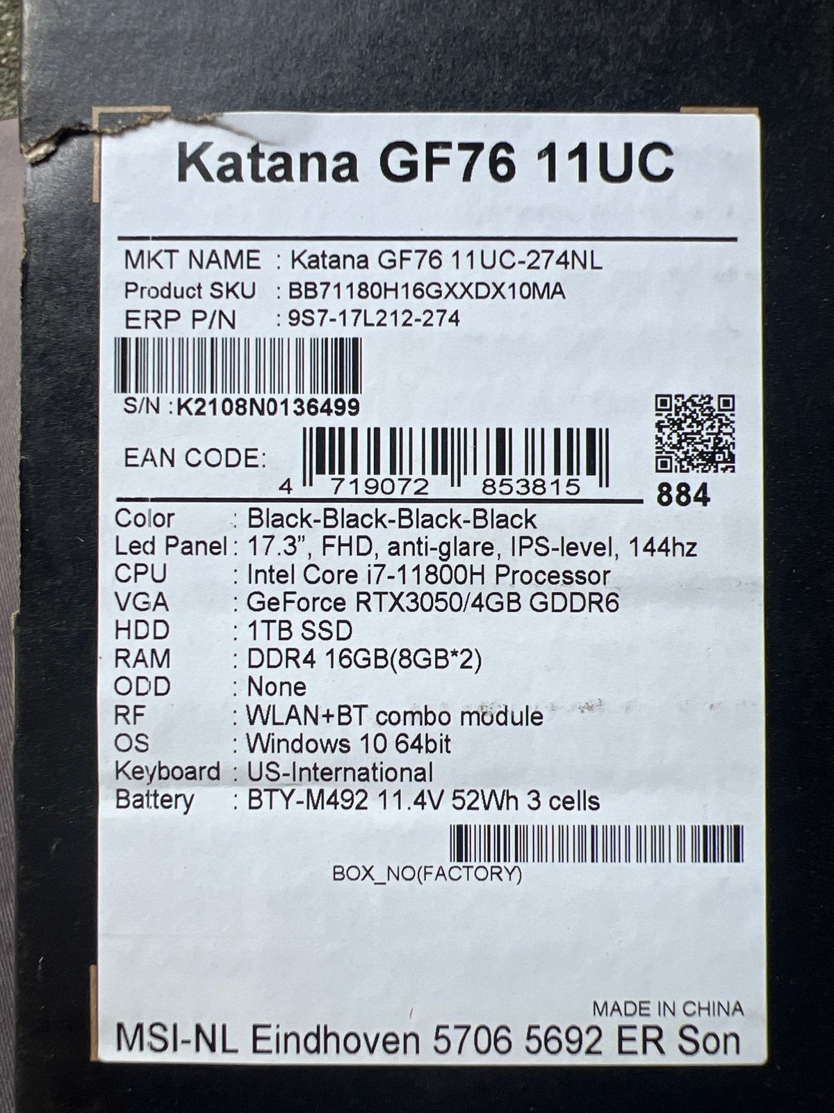 17" MSI Katana GF76 11UC  i7-11800H RTX3050 16GB RA, Computers en Software, Met videokaart, 2 tot 3 Ghz, Qwerty, Ophalen of Verzenden