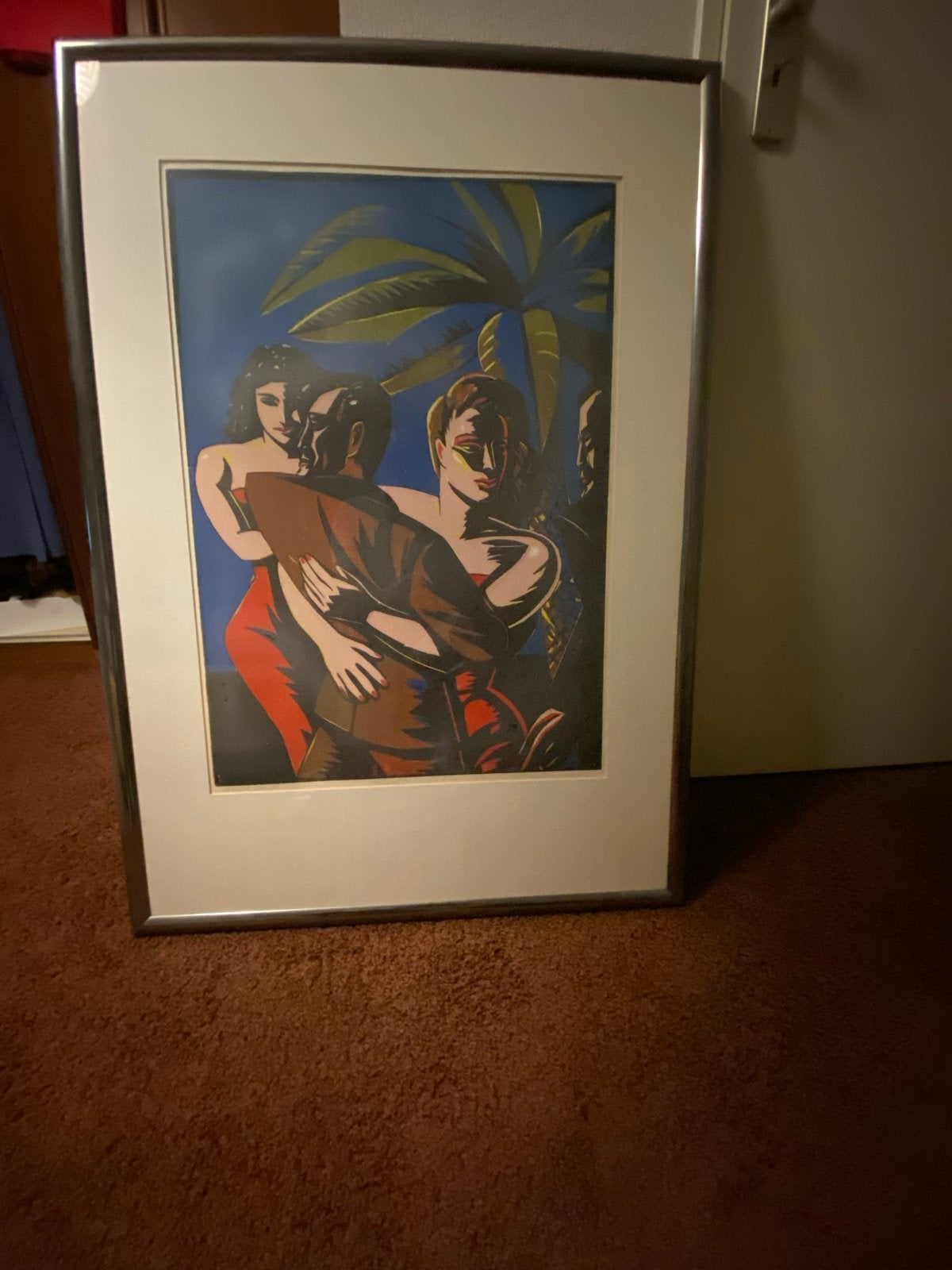 Modern schilderij met figuren en palmboom, Antiek en Kunst, Kunst | Schilderijen | Klassiek, Portret of Personen, Expressionistisch