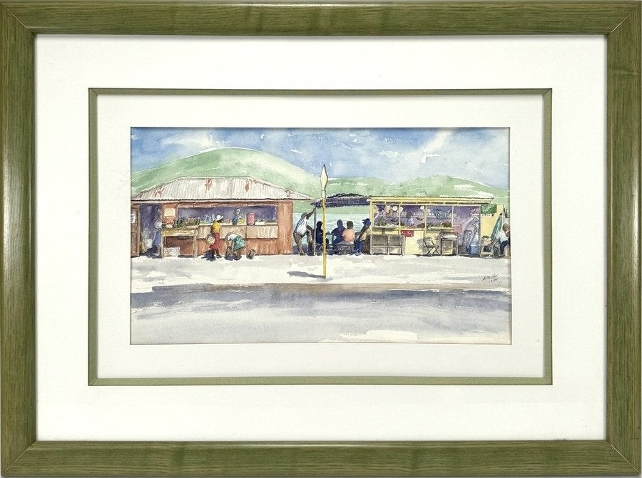 349. Aquarel, A. Miller – markt tafereel, 1988, Antiek en Kunst, Kunst | Tekeningen en Foto's, Ophalen, Tekening, Aquarel, Ingelijst