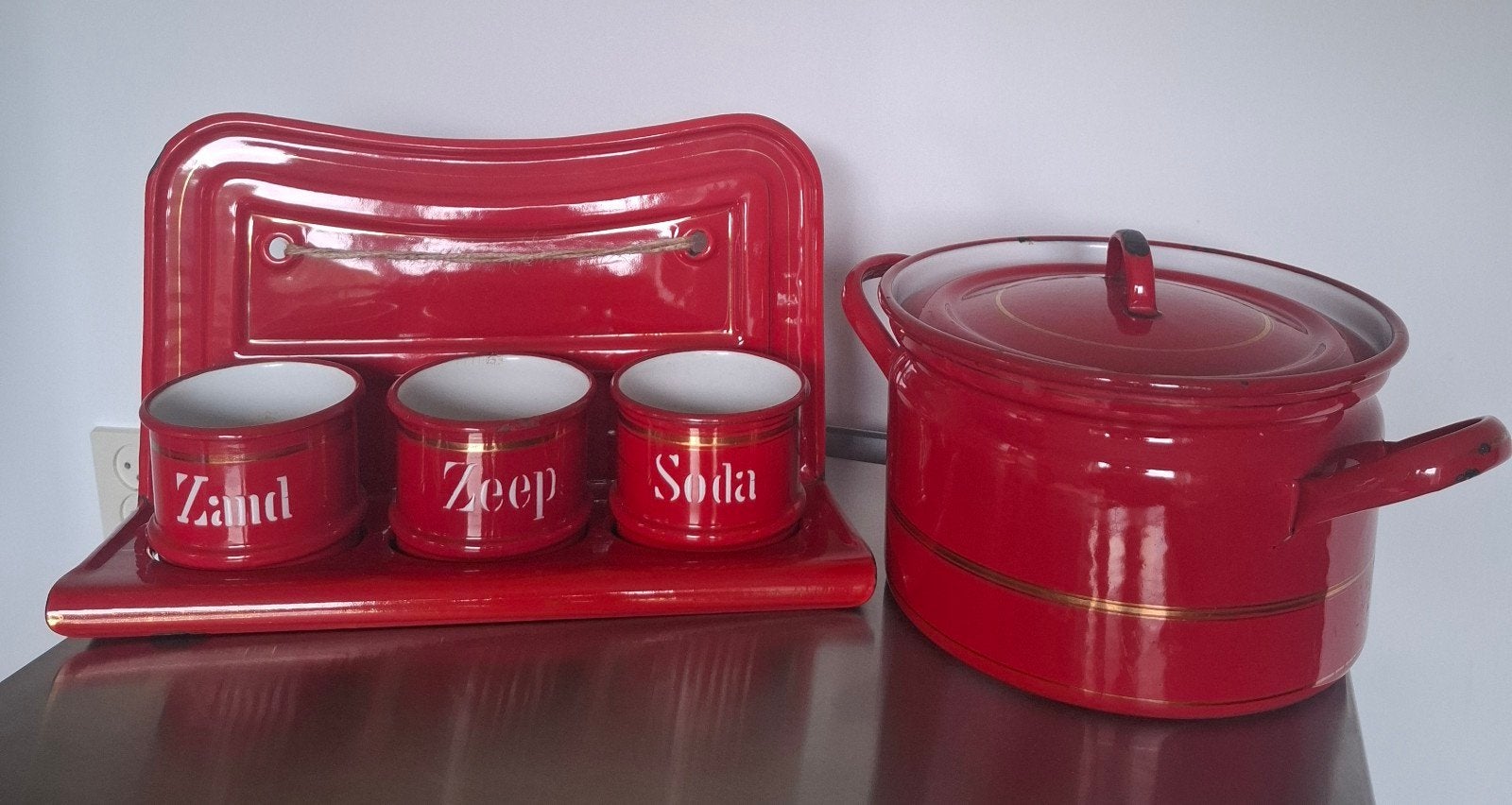 Rood Emaille Zand Zeep Soda en Pan !!!, Ophalen of Verzenden