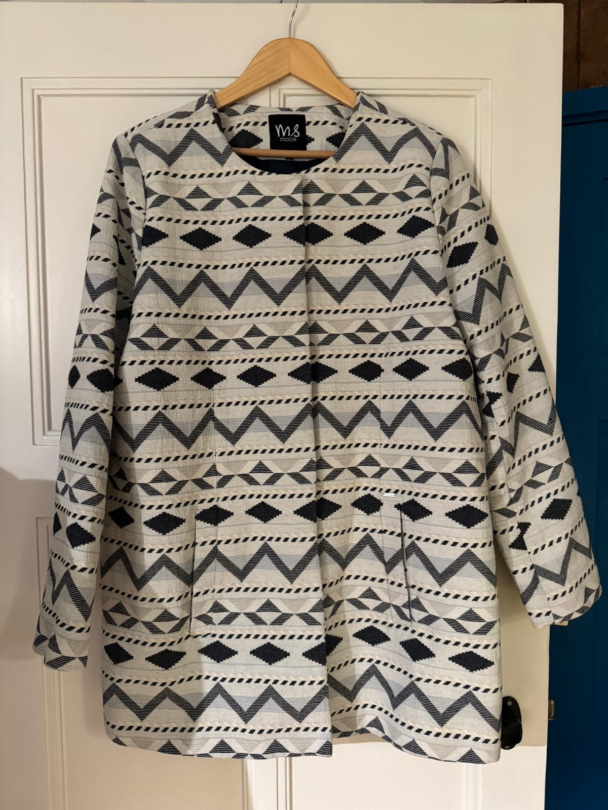 MS Mode Gevoerde Blazer Crème/Grijs Dessin Maat 46, Ophalen of Verzenden, Zo goed als nieuw, Maat 46/48 (XL) of groter, Beige