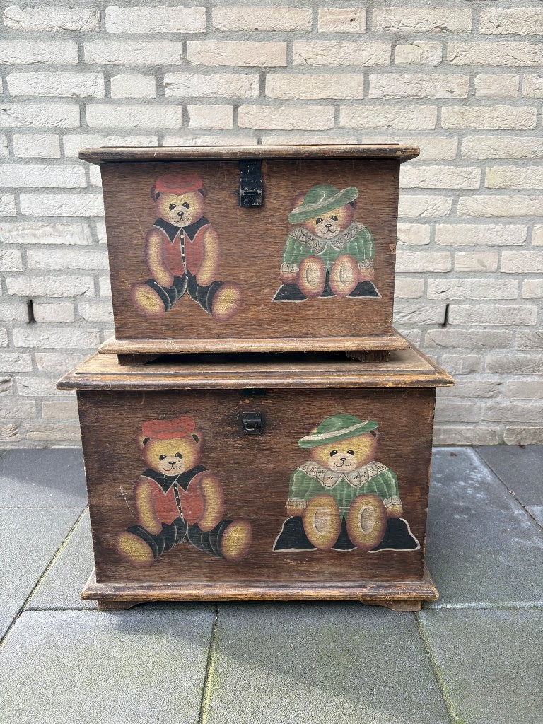 2 prachtige vintage houten opbergkisten met beertjes, Ophalen, Gebruikt, Meubelstuk of Keukentje