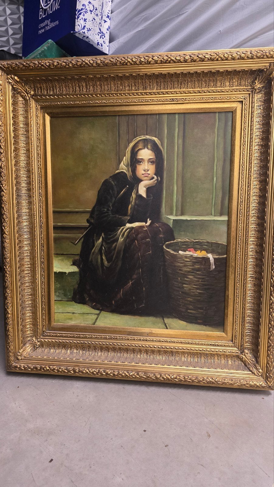 Klassiek olieverfschilderij van meisje met mand, Antiek en Kunst, Kunst | Schilderijen | Klassiek, Ophalen, Doek, Portret of Personen