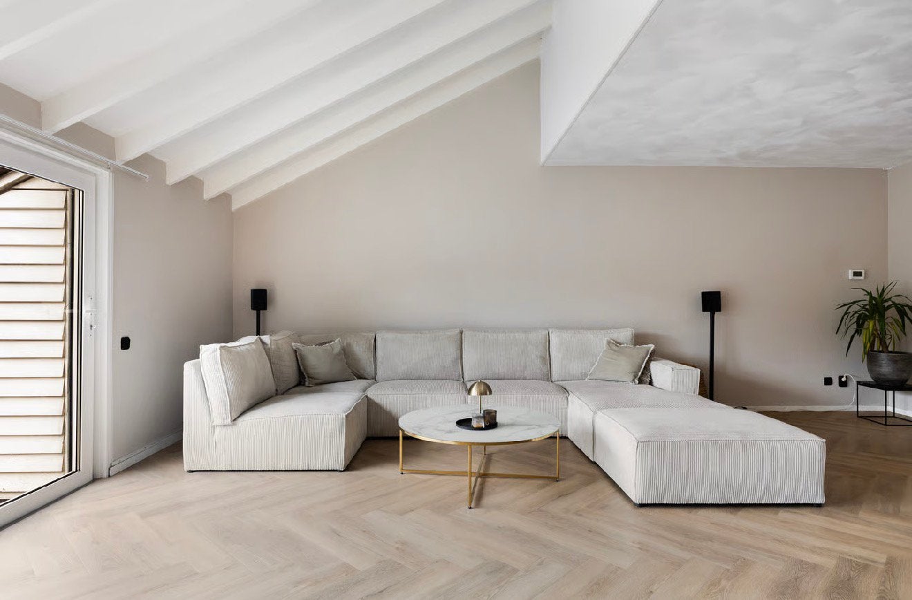 Loungebank Sven beige ribstof 365 cm | goede staat, Ophalen, Zo goed als nieuw, Beige, Tapijt