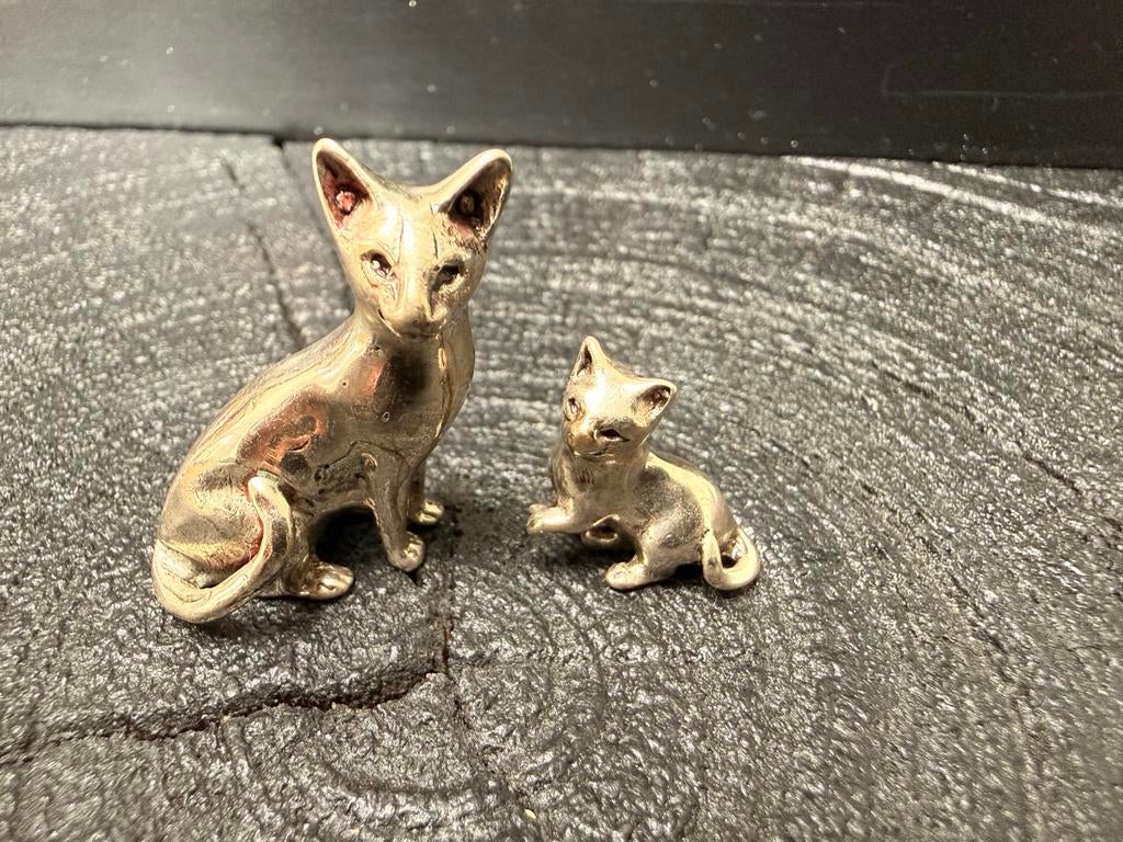 Zilveren Miniatuur Zittende Katten/Poezen, Verzenden, Zilver