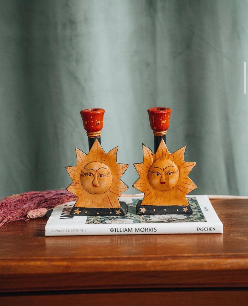 Vintage zon kandelaars antiek retro hout sun mooi boho tarot, Ophalen of Verzenden, Overige materialen