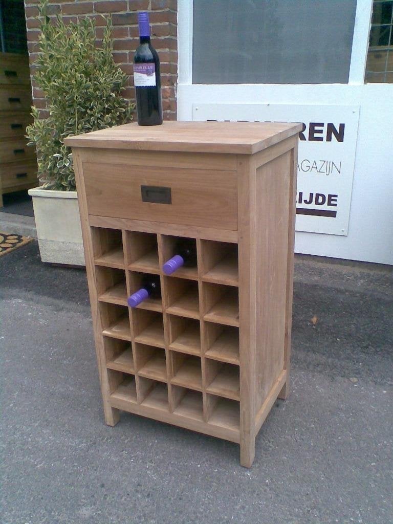 Wijnkastje TEAKHOUT 90h/ 55b + lade, voor 20 flessen !, Ophalen of Verzenden, Nieuw, Hout, 15 tot 25 flessen