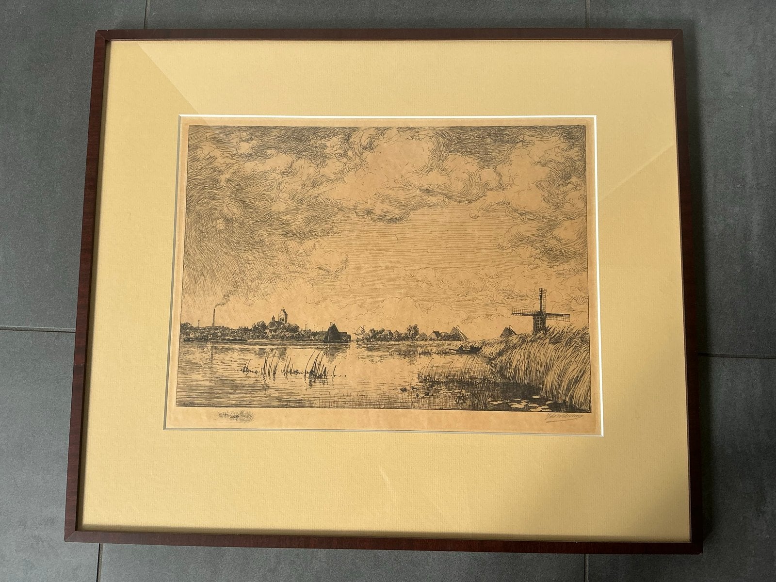 Grote ets Ids Wiersma - Gezicht op Grouw (1927), Antiek en Kunst, Ets, Stadsgezicht, Ophalen of Verzenden, Gesigneerd