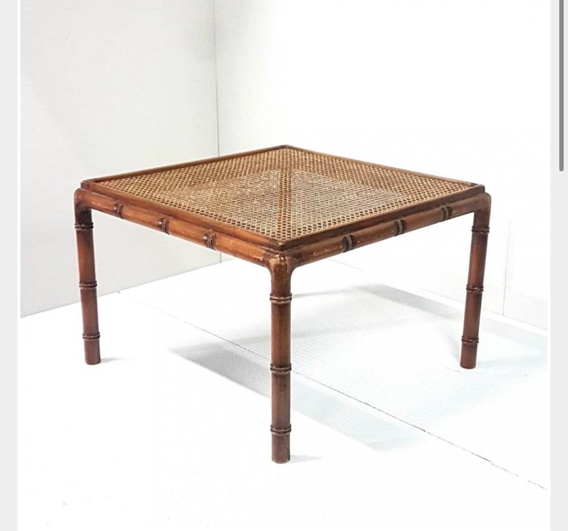 Vintage  japandi Bamboe Salontafel met Rotan en Glasplaat, Ophalen