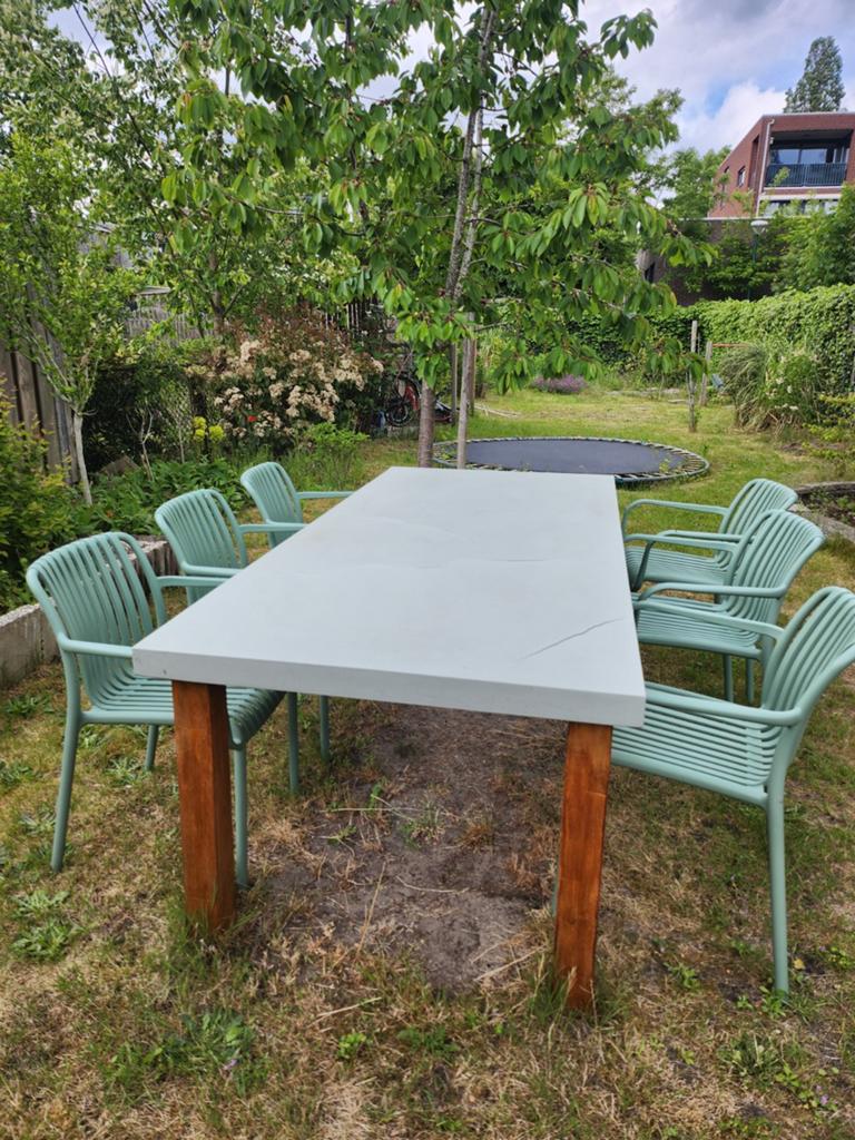 Tuintafel betonnen tafelblad met hardhouten poten, Ophalen, Gebruikt, Rechthoekig, Metaal