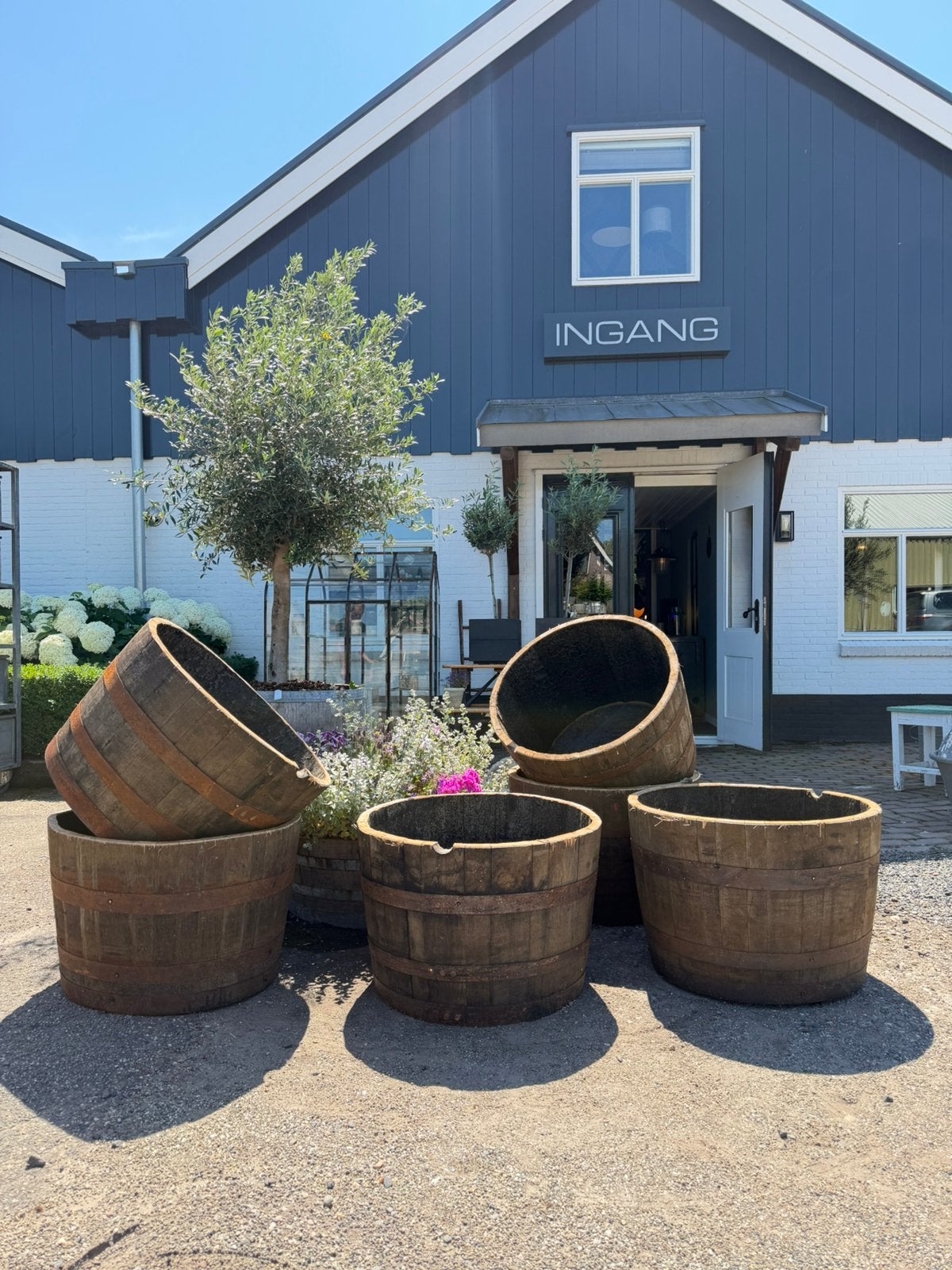 Half vat, Plantenbak, Eiken kuip, Wijnvat, Eiken vat, Tuin en Terras, Ophalen, Rond, Zo goed als nieuw, 60 tot 100 cm