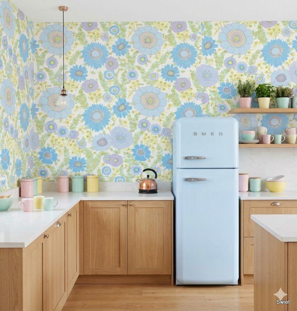 13925 Goovy 70s groots oud blauwe bloemenprint behang swiet, Verzenden, Geel