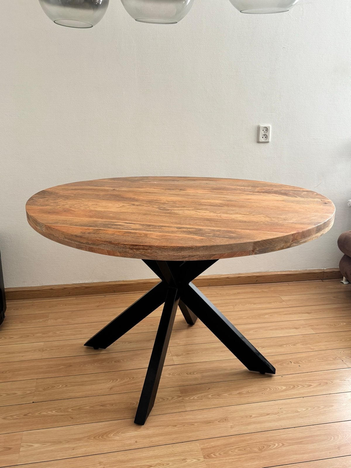 Ronde eettafel met stalen X-frame - 120cm, Ophalen, 100 tot 150 cm, Rond, Zo goed als nieuw