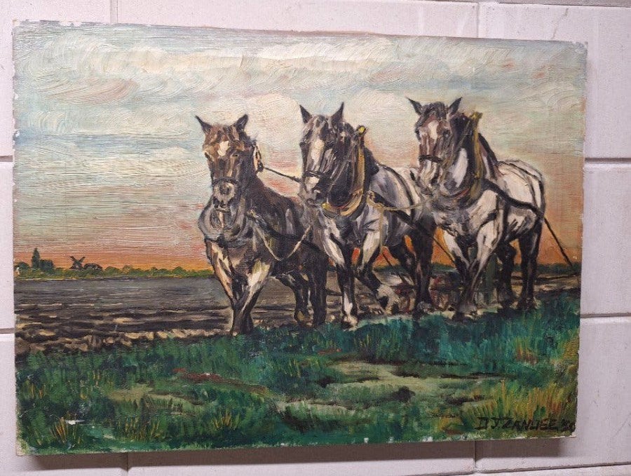 Werkpaarden in Zeeuws landschap, olieverf op doek, 1950, Ophalen of Verzenden