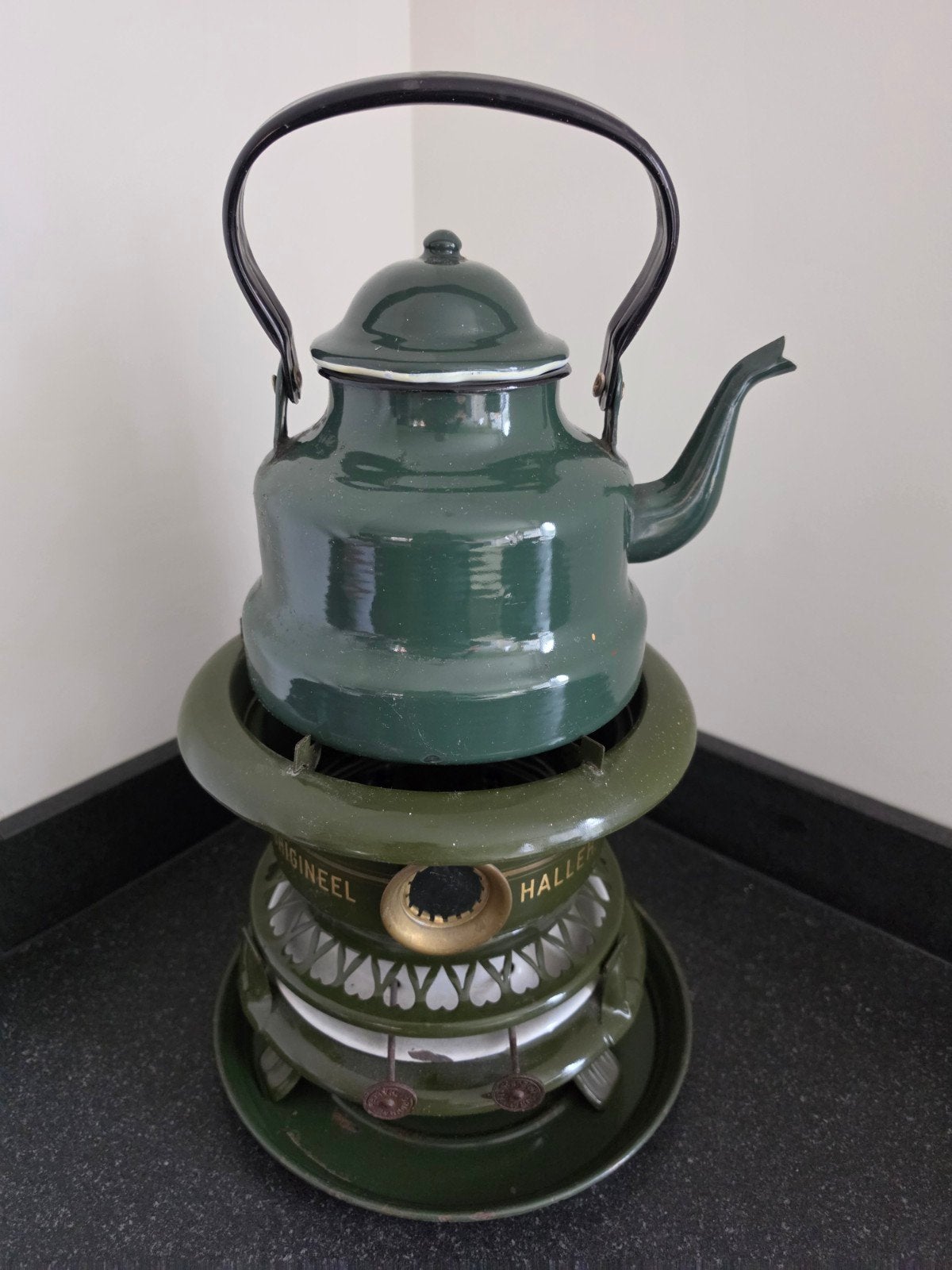Petroleumstel met koffiepot, emaille, groen, Ophalen of Verzenden