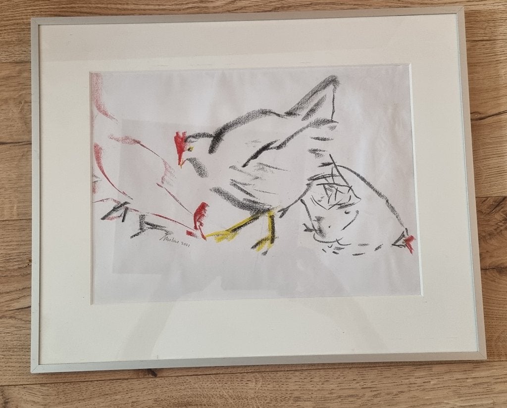 Tekening kippen van Francia. Marianne Milius, Ophalen, Tekening, Krijttekening, Gesigneerd