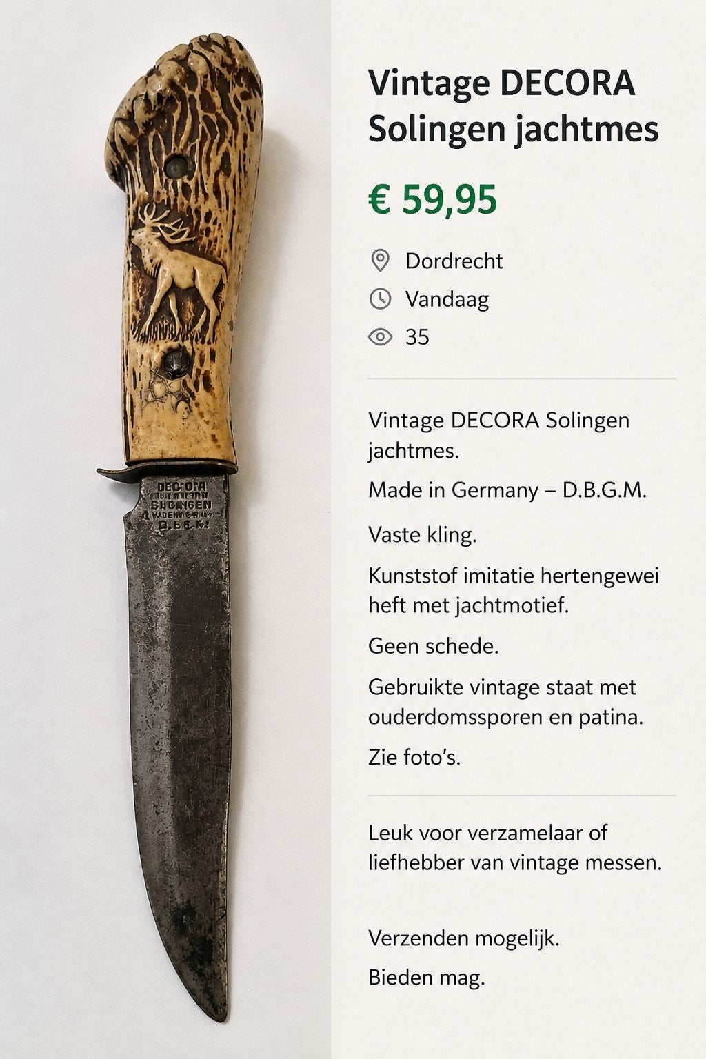 Vintage jachtmes met hertengewei handvat, Made in Germany, Ophalen of Verzenden