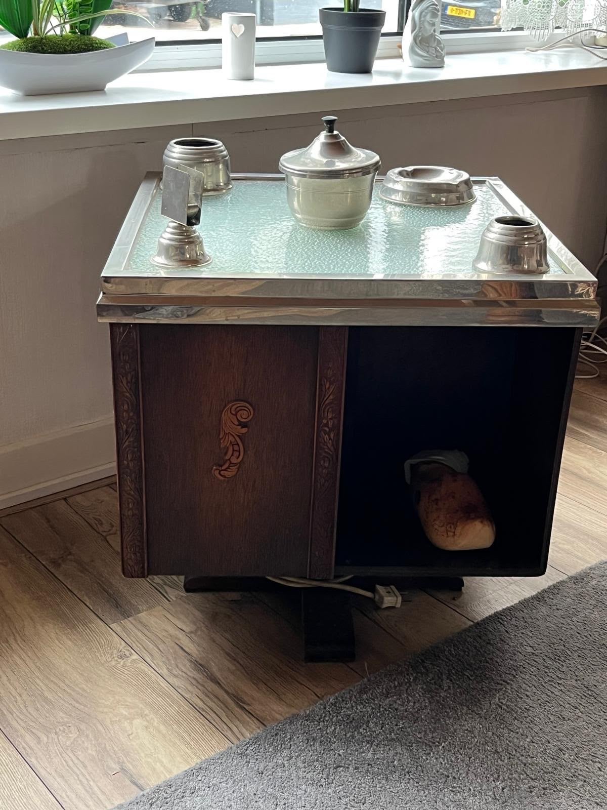 Vintage Rooktafel met glazen blad en complete set, Antiek en Kunst, Ophalen