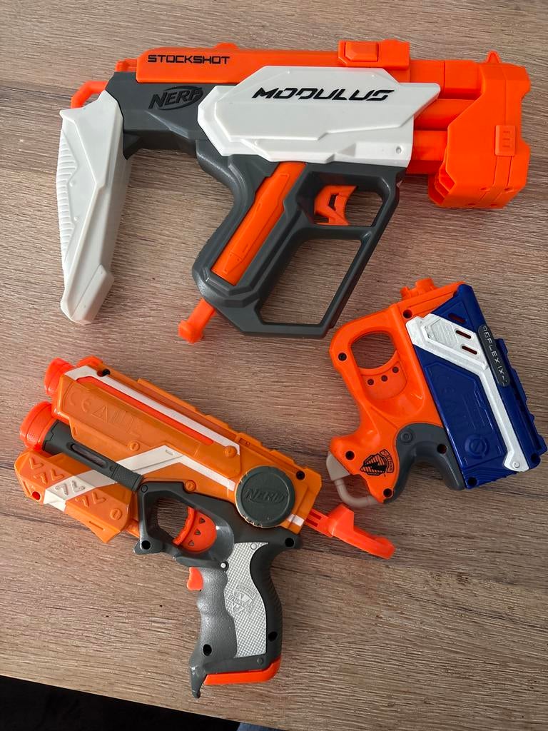 Drie Nerf Pistolen - Modulus, Stockshot, Reflex IX-1, Ophalen, Gebruikt, Jongen of Meisje