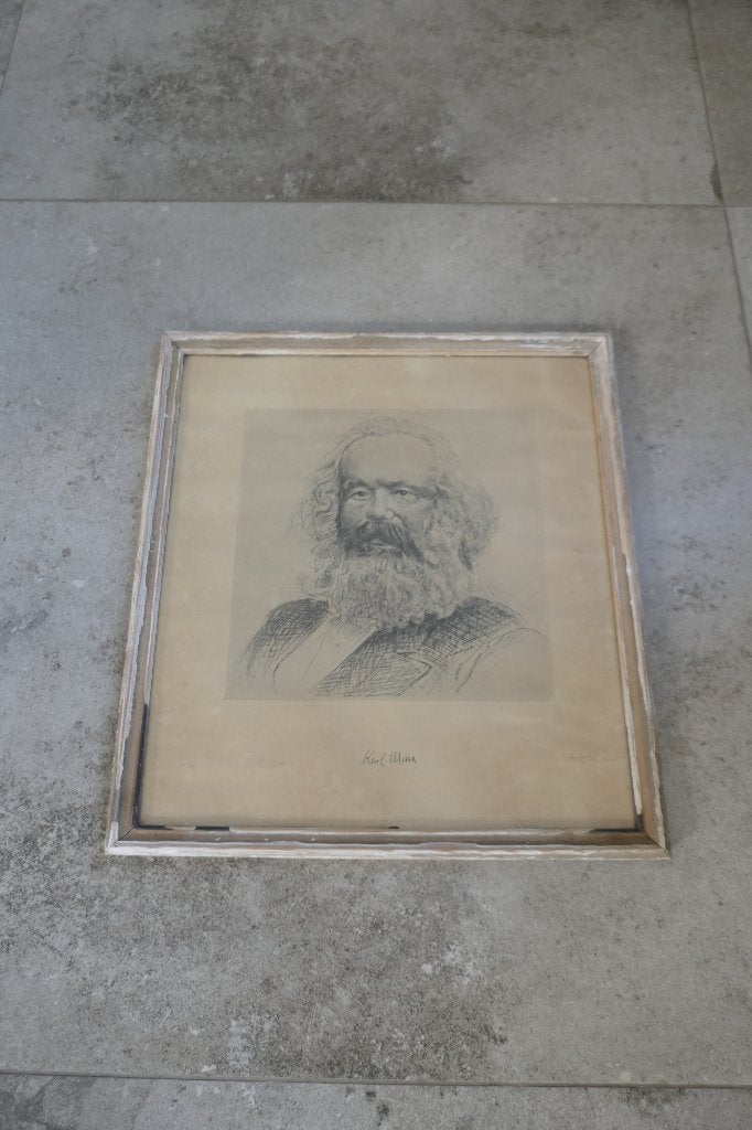 Antieke prent Ets Heinrich Zille 'Beeltenis van Karl Marx', Gebruikt, 44 cm, Klassiek, Achter glas