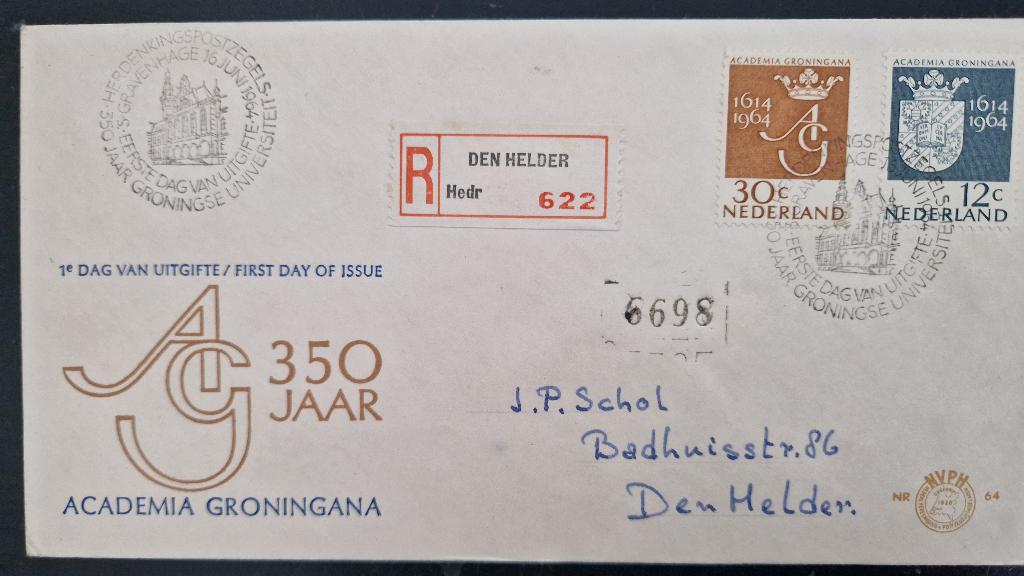 Nederland 1964  - FDC E64 - Universiteit Groningen, Postzegels en Munten, Verzenden, Na 1940