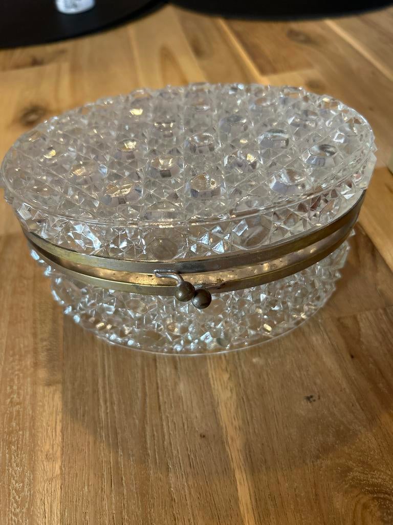 Vintage Kristallen Sieradendoosje met Metalen Rand, Antiek en Kunst, Antiek | Glas en Kristal, Ophalen of Verzenden