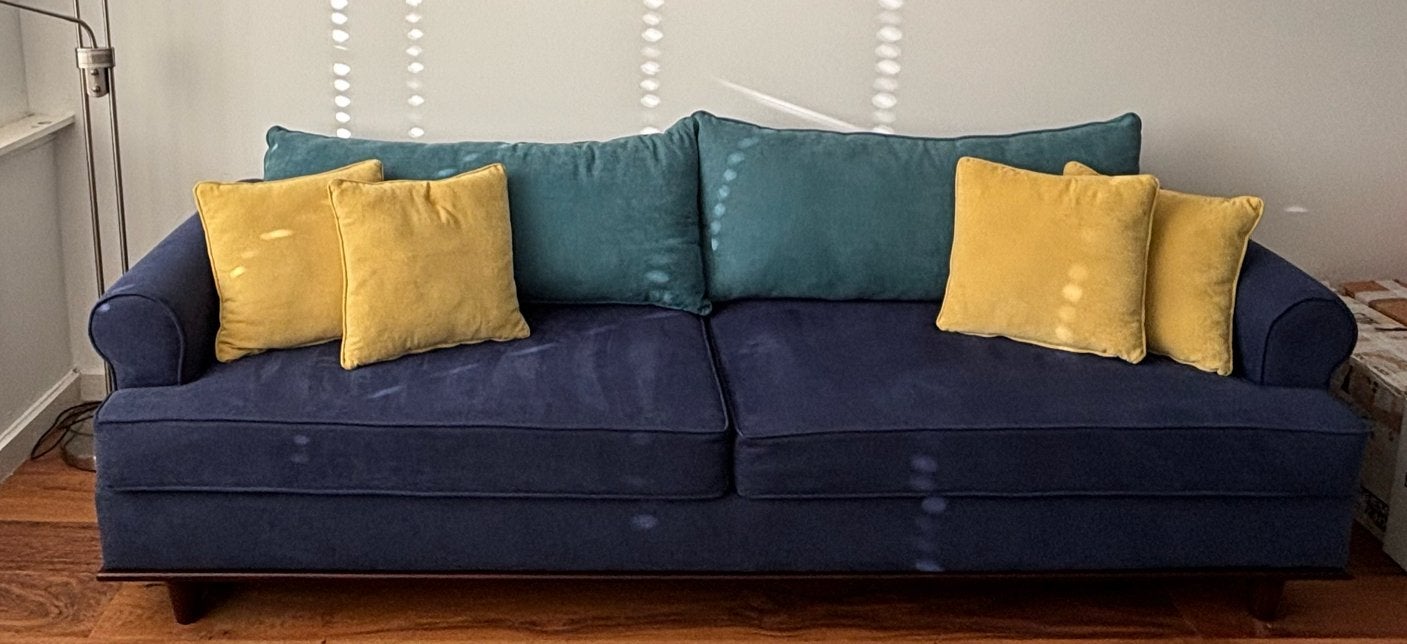 Marineblauwe en turquoise driepersoonsbank met kussens, Ophalen, Gebruikt, Driepersoons, 75 tot 100 cm