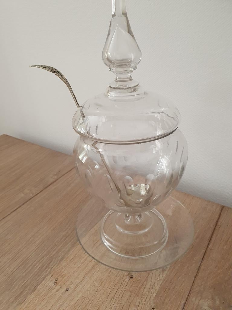 Glazen pot bowlpot met lepel en schotel, Ophalen