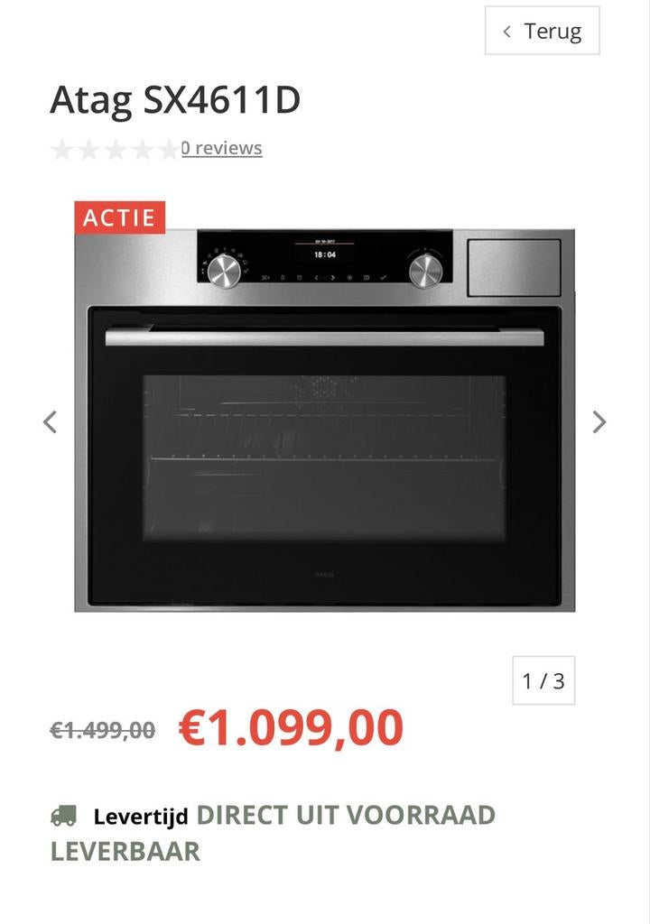 ATAG SX4611D Inbouw Stoomoven RVS - 54L, 64 Programma's, Witgoed en Apparatuur, Ovens, Oven, Nieuw, Ophalen of Verzenden, Stoom